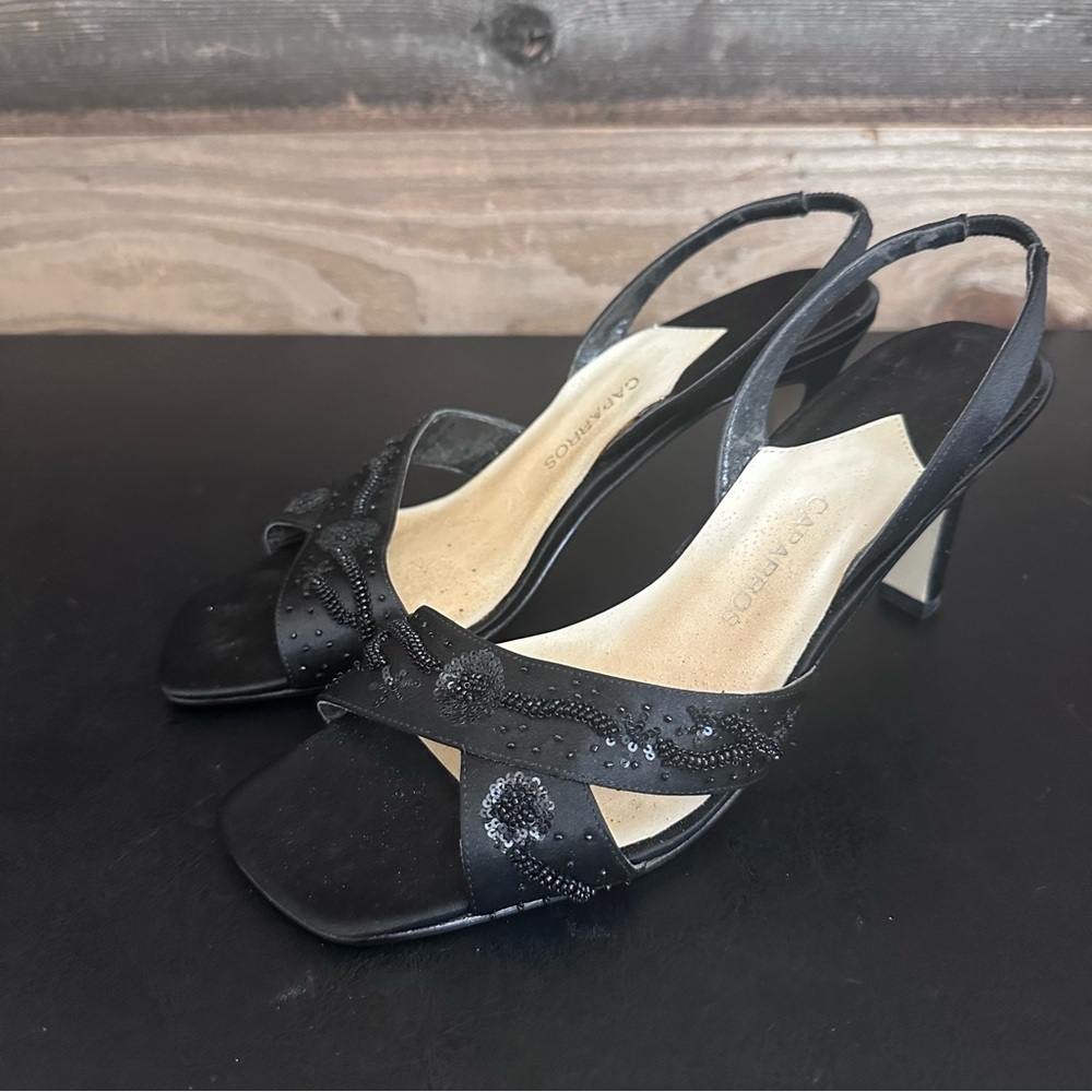 CAPARROS Women’s Black Satin Open Toe Slingback Evening Formal Heels Size 7.5